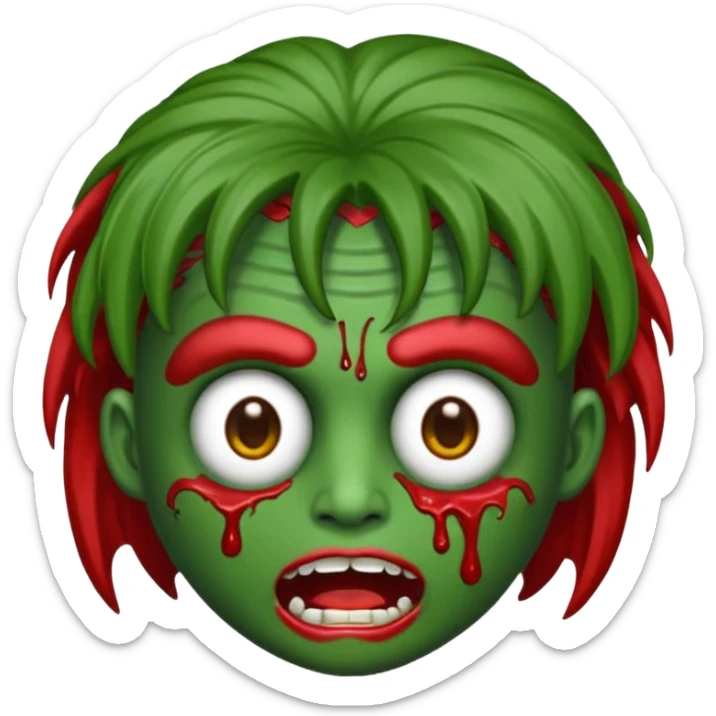 emoji de zumbi estilo WhatsApp, cabeça verde, cabelo cacheado vermelho volumoso, olhos brancos brilhando, expressão divertida e assustadora, cartoon, linhas limpas, fundo transparente, qualidade alta sticker