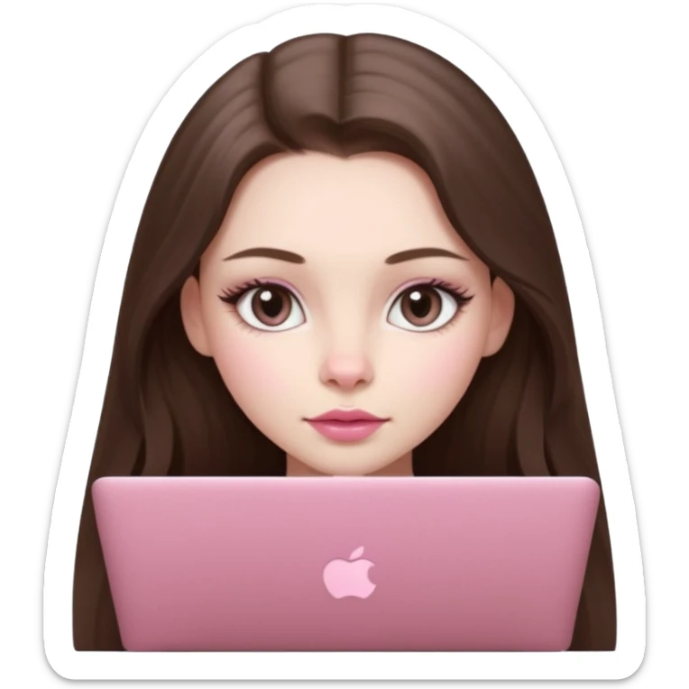 beautiful pale brunette girl, glossy lips and logn hair, soft pink cheeks and soft nose and eyelined cat eyes. using her pink mac book sticker