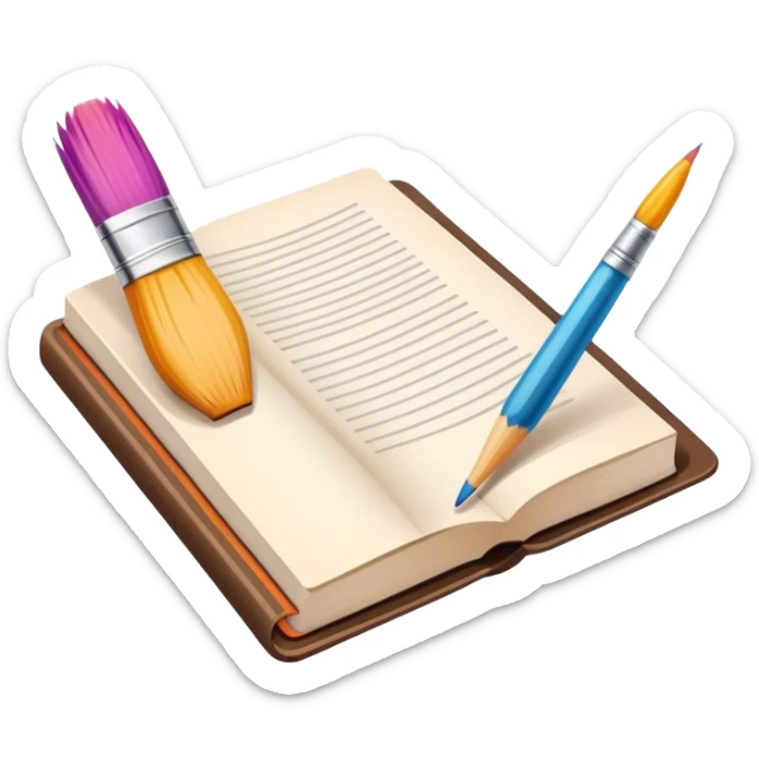 icon for Illustration hobbie, paintbrushтв pencil and under book's page, colorful sketch, simple lines, minimalistic style, transparent background. sticker