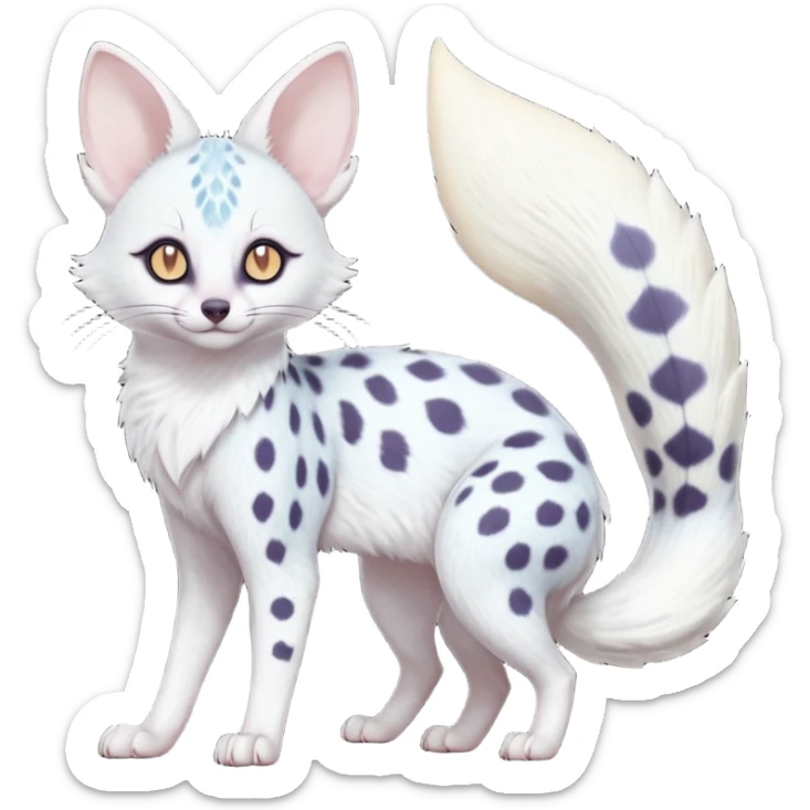 White Albino frosty snow-white whitish pastel-grey-spotted Serval-Civet-Genet-Trico-Furret-Linoone-Noibat-Espeon-Fakémon-Pokémon-animal-hybrid-fusion-creature (full body) with vibrant glowing eyes, cute, elegant, soft, realistic, pastel fur sticker