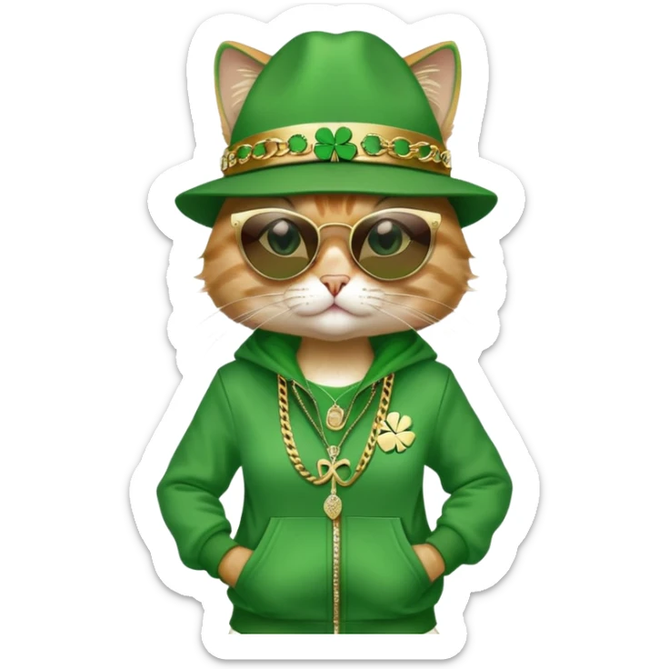 female cat in hip-hop Run DMC outfit, green tracksuit, fedora with shamrock, dark sunglasses, gold chains, bling accessories, St. Patrick's Day theme sticker