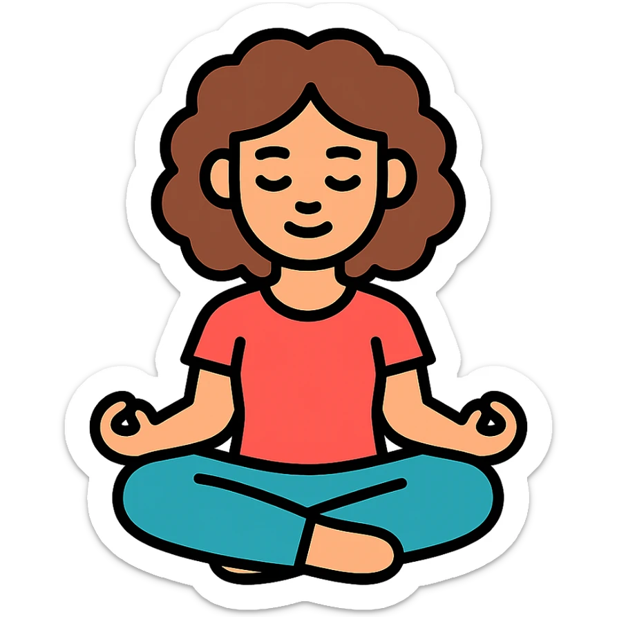 brunette girl with curly hair meditating, sitting cross-legged, colored icon sticker
