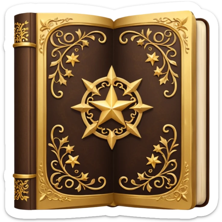 An open, ornately decorated book rendered in a highly detailed. The book's cover, framed with a broad, golden border, is a rich, dark brown, embellished with intricate golden filigree designs, including scrolling vines and decorative stars. sticker