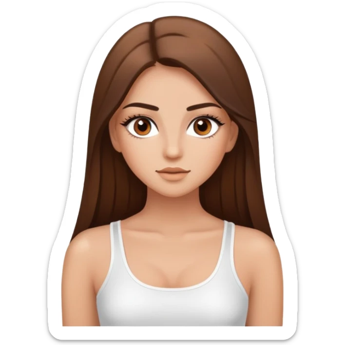 beautiful girl, long straight brown hair, brown eyes with lashes, wearing a white crop top, tan skin sticker