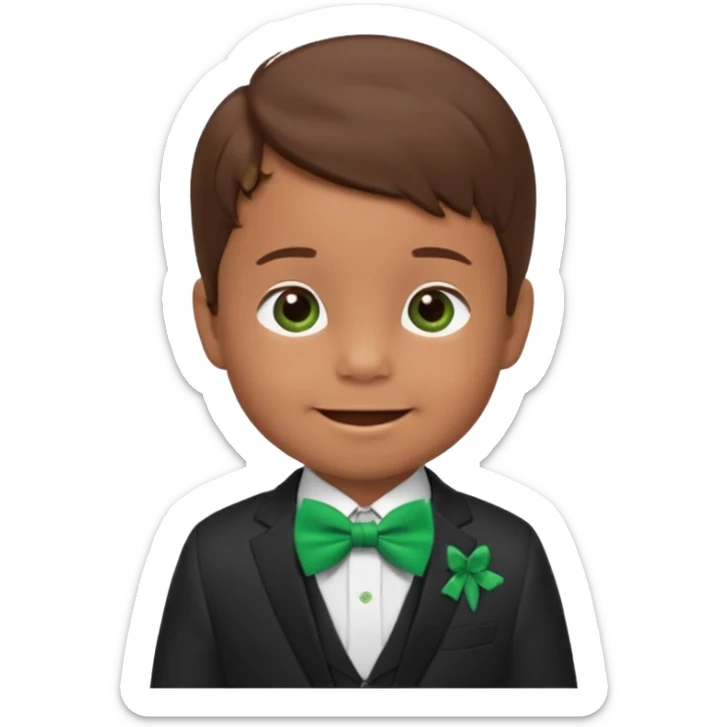 baby cute boy 5 years old, brown hair in suit, with green bow, smile sticker
