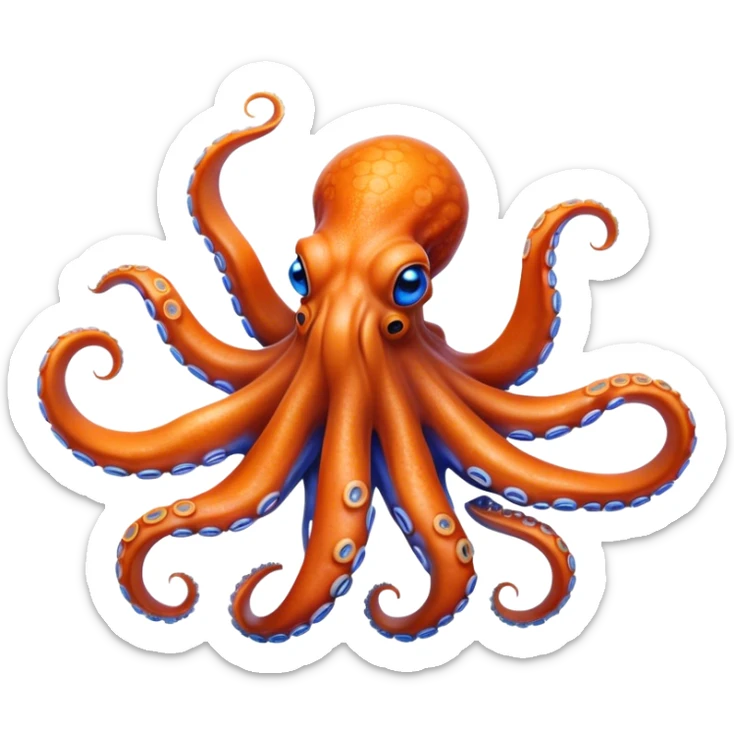 Cinematic Realistic Noble Octopus Portrait Emoji, Poised and majestic, with a sinuous, flowing body in vivid orange accented by intricately detailed blue rings, and intelligent, penetrating eyes that reflect ancient ocean lore; rendered with lifelike texture and natural iridescence, high shine, intelligent and formidable, styled with an aura of mystical marine power, focused and attentive, soft glowing outline, capturing the essence of a watchful and confident octopus that appears ready to glide out of the screen with timeless authority! sticker