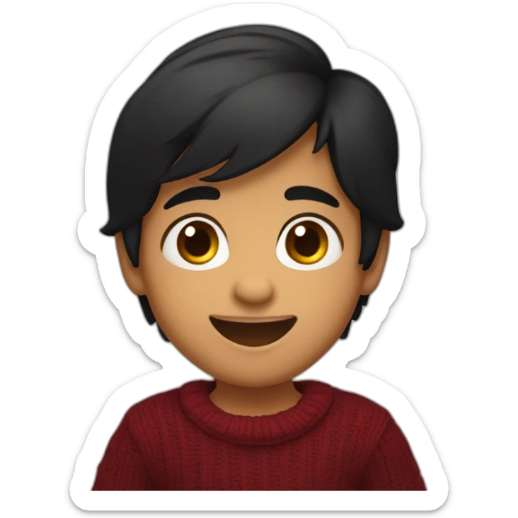 smiling and pointing north 3 years old indian with black hair wearing a dark red sweater sticker
