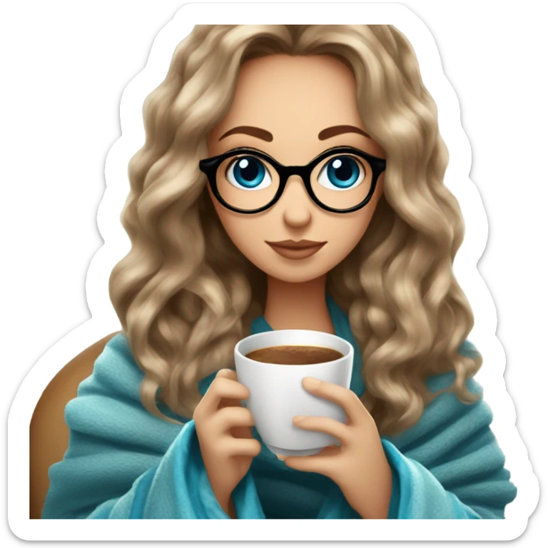 Balayage hair Girl drinking coffee, with a cozy blanket wearing glasses with blue eyes beautiful  sticker