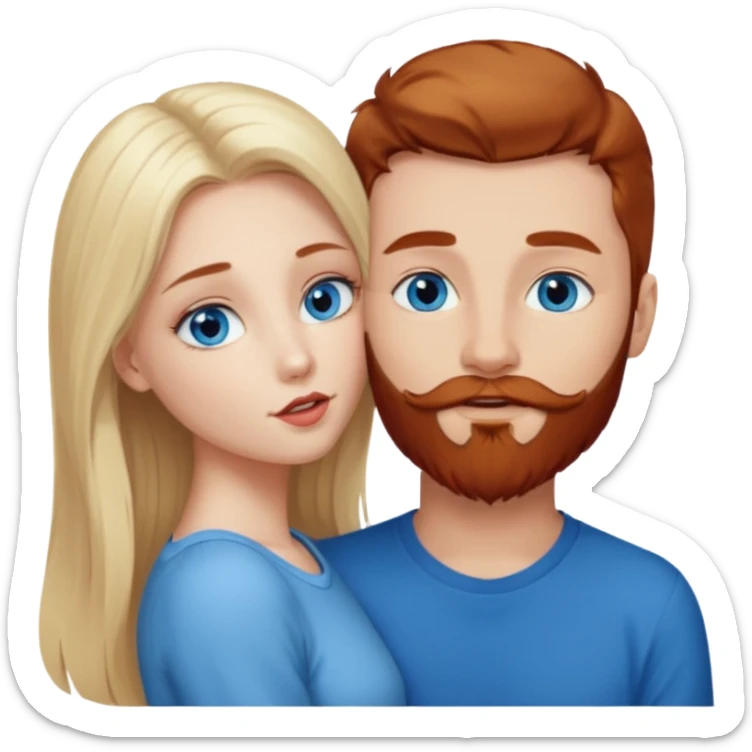 Long-pale-blonde hair, beautiful girl with blue eyes facing, kissing reddish-brown hair-beard boy blue eyed white guy sticker