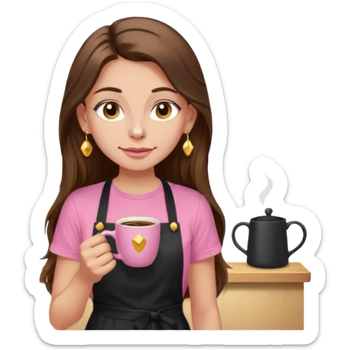 Fille cheveux long châtain, peau beige type européen, teeshirt rose avec un tablier noir, piercing au nez anneau doré, boucle d’oreille diamant doré. Elle boit un café sticker