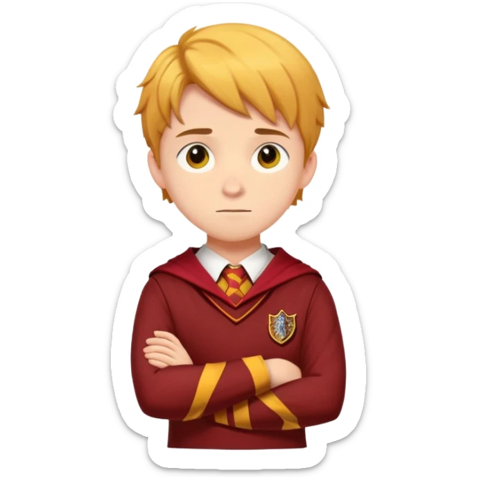 A teenage boy slightly to the side looking forward with crossed arms wearing the Gryffindor uniform sticker