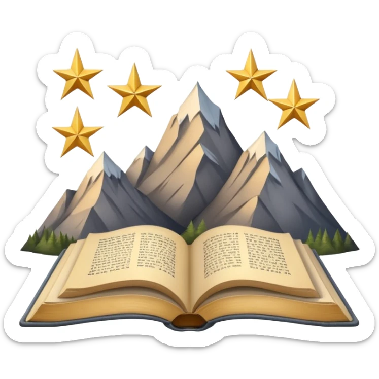 three mountain peaks of gray color, above each of the peaks there is a golden star, in front of the mountain peaks there is an open book sticker