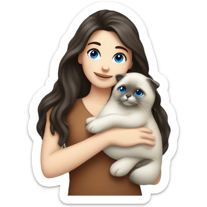 Brunette girl with blue eyes hugging seal colorpoint ragdoll sticker