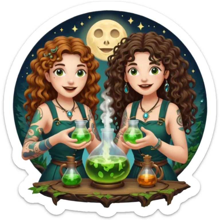 forest alchemist duo two women curly long hair tattooed and short brown mullet mixing glowing moon potion together excited faces sticker