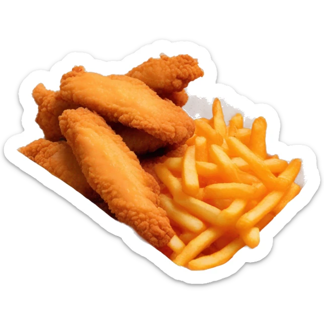 3 chicken tenders with crinkle fries and orange sauce on the side in a styrofoam container styrofoam container sticker