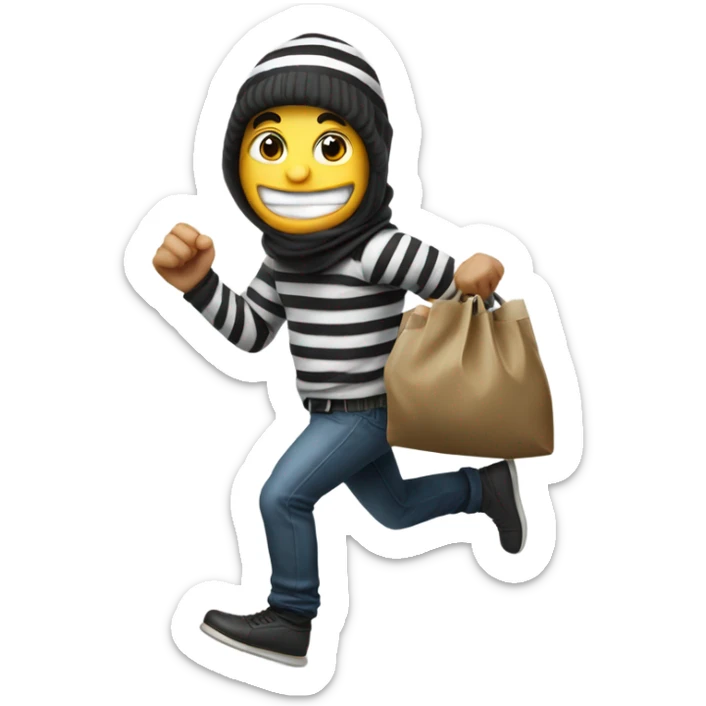 A robber looking left running with a bag full of money with money falling out, he also has a striped shirt with a striped beanie sticker
