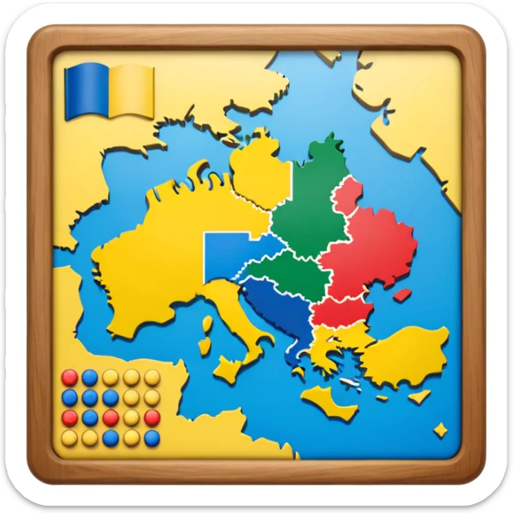 Game board with Ukraine in the center, Russia on the right, and the EU on the left sticker