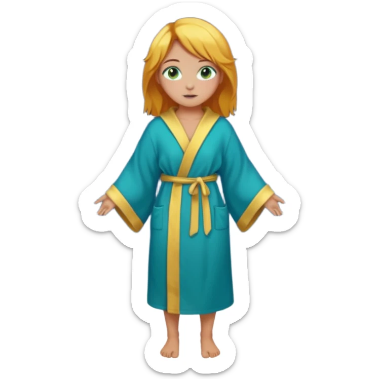lightly tanned skin, green-blue eyes, cute and sexy girl with bright yellow-brown hair in a dark sky pallete robe, golden rings, slight cute makeup, full body sticker