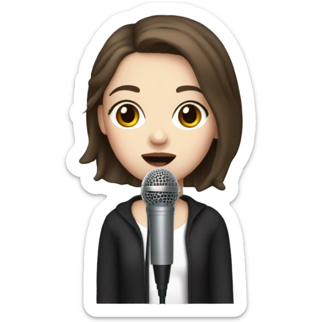 a girl with brown hair, hazel eyes, pale skin, dark lips, singing into a microphone sticker