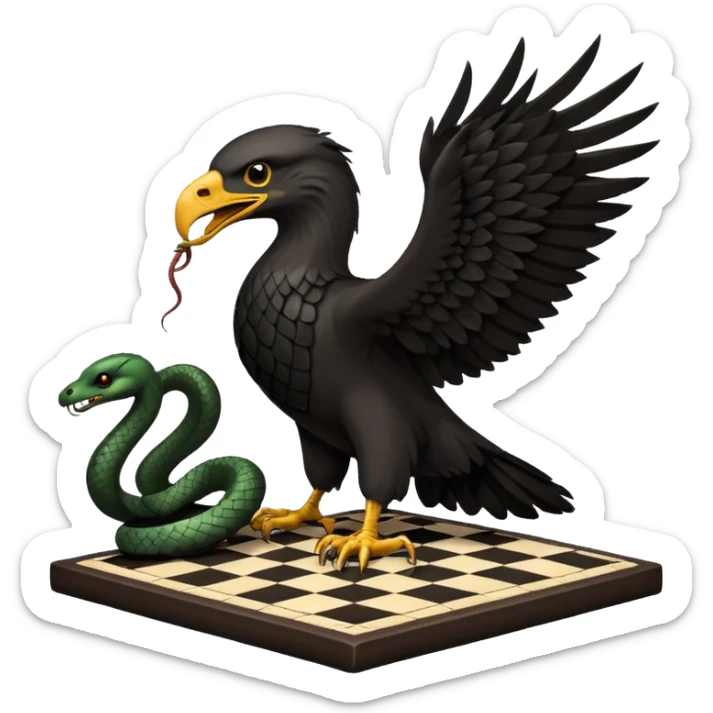 Águila negra de lado. Que se le vía un solo ojo. Con una serpiente enredada en sus patasen un gran cuadro de ajedres sticker