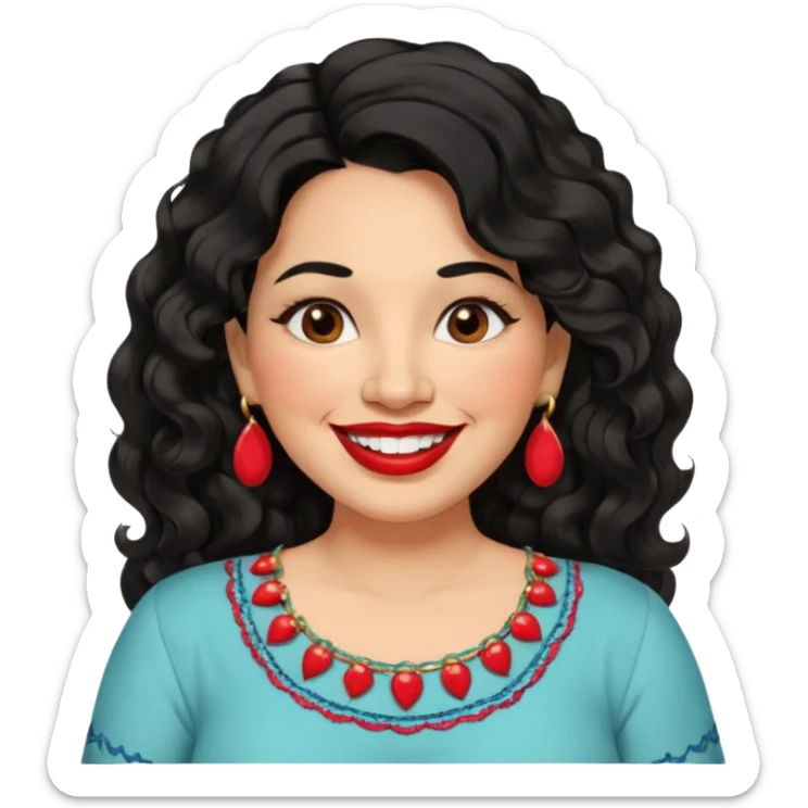 40 yr old Mexican woman, slightly chubby, wavy/curly long black hair, red lipstick, big smile, white teeth, brown eyes, hoop earings, side part to hair, round face, nice blouse, no wrinkle hair side swept, big hoop earing sticker