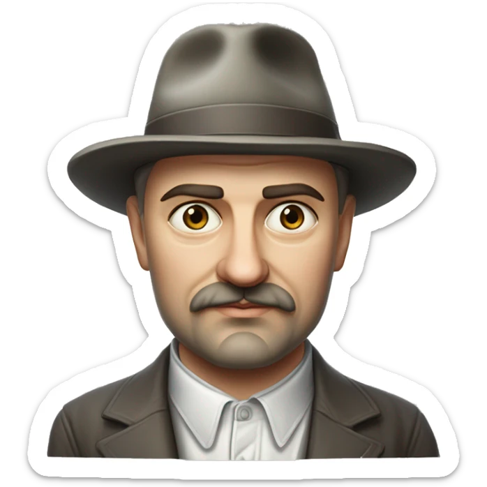 Russian writer Alexander Kuprin Photorealism A plump serious man of Slavic appearance with Small eyes with goatee beard and mustache, with a  short haircut, big detailed face, wrinkled face, wearing a fedora hat sticker