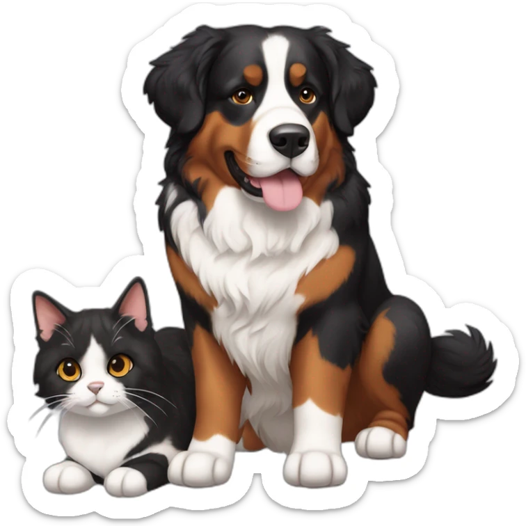A Bernese dog next to A black and brown tortoiseshell cat with no white fur sticker