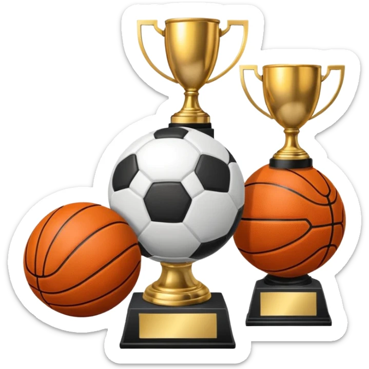 a basketball, soccer ball, volleyball, and a football all mixed with one trophy for a store logo sticker