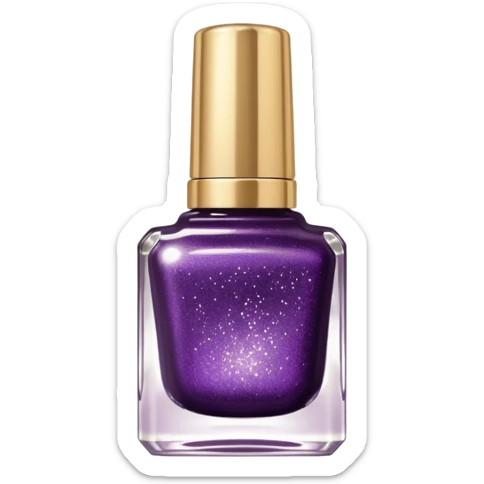 Ultra realistic, glitter dark plum color nail polish, translucent glass bottle, gold color top lid sticker