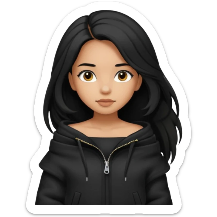  Siyah uzun saçlı ceket giyen esmerimsi kız fazla esmer değil siyah ceket  polar ceket ceket gevşek biraz omzundan çıkıyormuş gibi ve bugday ten rengi sticker