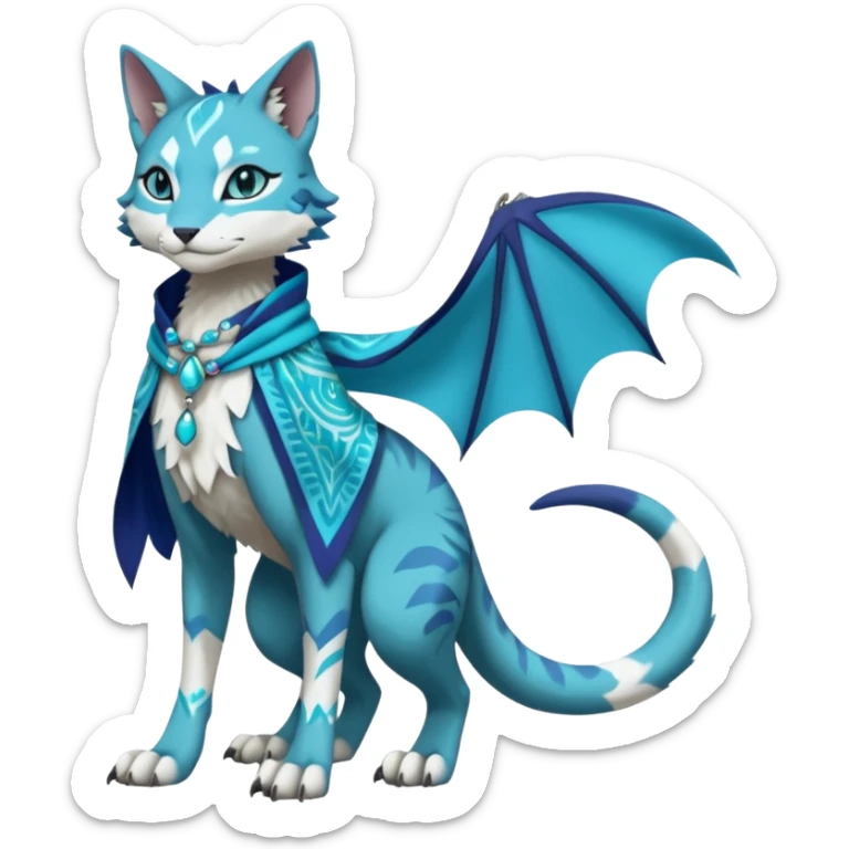 Kawaii cute Indigo Turquoise Grey beautiful pretty elegant divine edgy feline-vernid-sergal-Fakémon-Pokémon-Digimon-fursona-animal-creature, full body, with intricate detailed markings, silken shawl, decorative anklets sticker