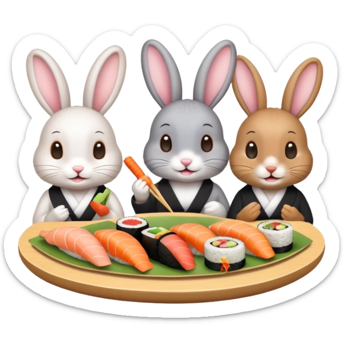 four cute bunny rabbits eating sushi at a birthday party, playful, sushi platters, birthday banner, emoji style sticker