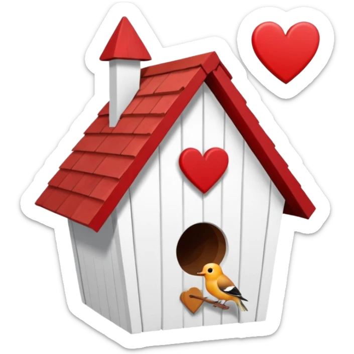 a birdhouse with a normal circular hole and a red roof with the rest white and a heart at the top but below the roof sticker
