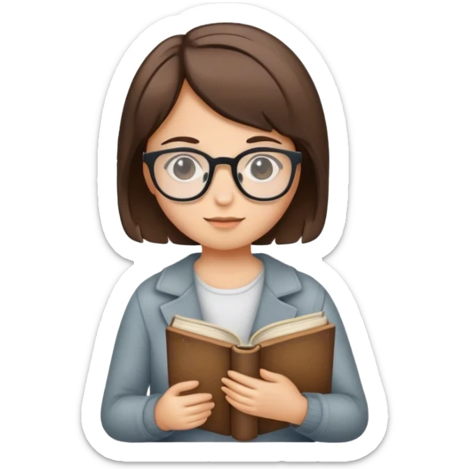 girl with short brown hair, wearing glasses and holding a book sticker
