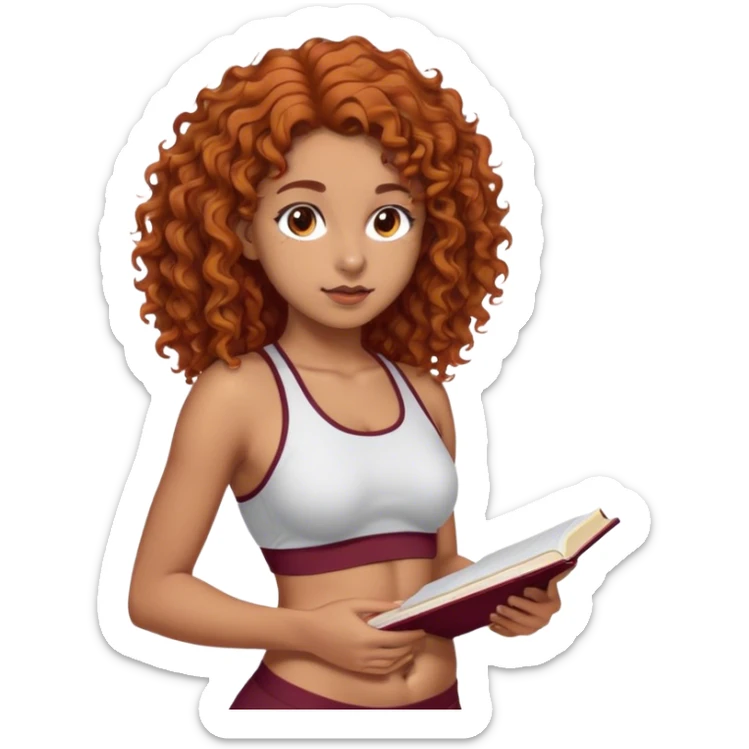 17 year old girl brown-orange wavy curly hair long to the belly, 159cm tall, brown eyes brown eyebrows, nose piercing ok left side, sporty body small waist, wears bordeaux and is studying sticker