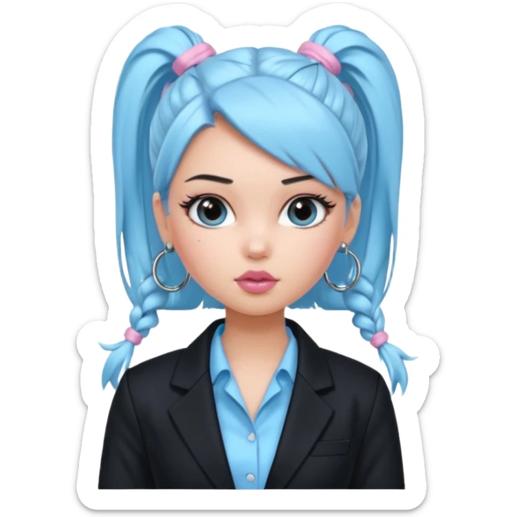 generate a pretty bratz girl wearing a light blue full sleeve shirt and a black blazer over it. silver small hoops, pink lipgloss. black hair tied up in a ponytail sticker
