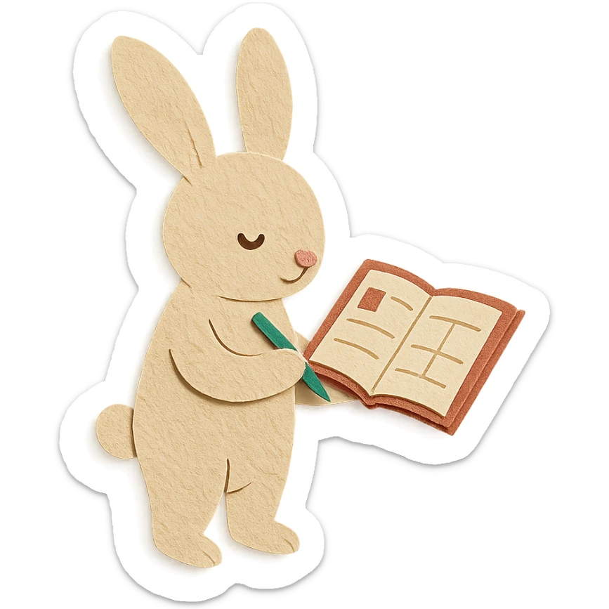 flawless, highly detailed, high quality paper craft style illustration of a cream-colored bunny standing and writing in a planner, perfect proportions, no imperfections, intricate textures, soft lighting, delicate cut-paper details sticker