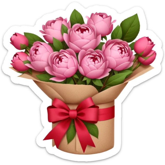 Bouquet of pink flower like rose and peony wrapped in kraft paper with red bow sticker