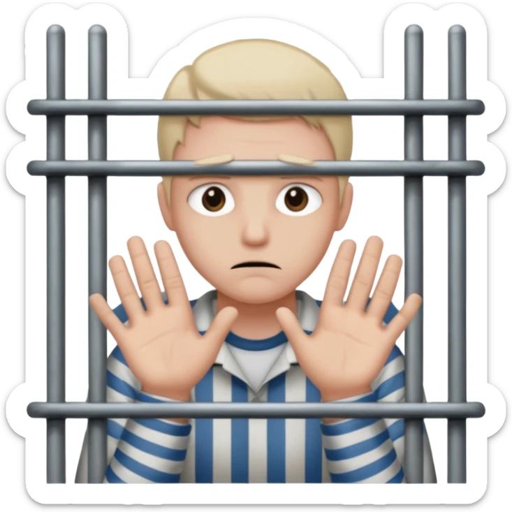 Smutna buzia (☹️) za więziennymi kratami trzymająca się ich rękami sticker