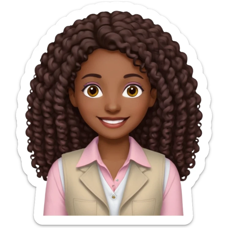 mujer morena, pelo rizado largo, sonriendo, con ojos grandes y marrones con camisa rosa palo y un chaleco blanco sticker