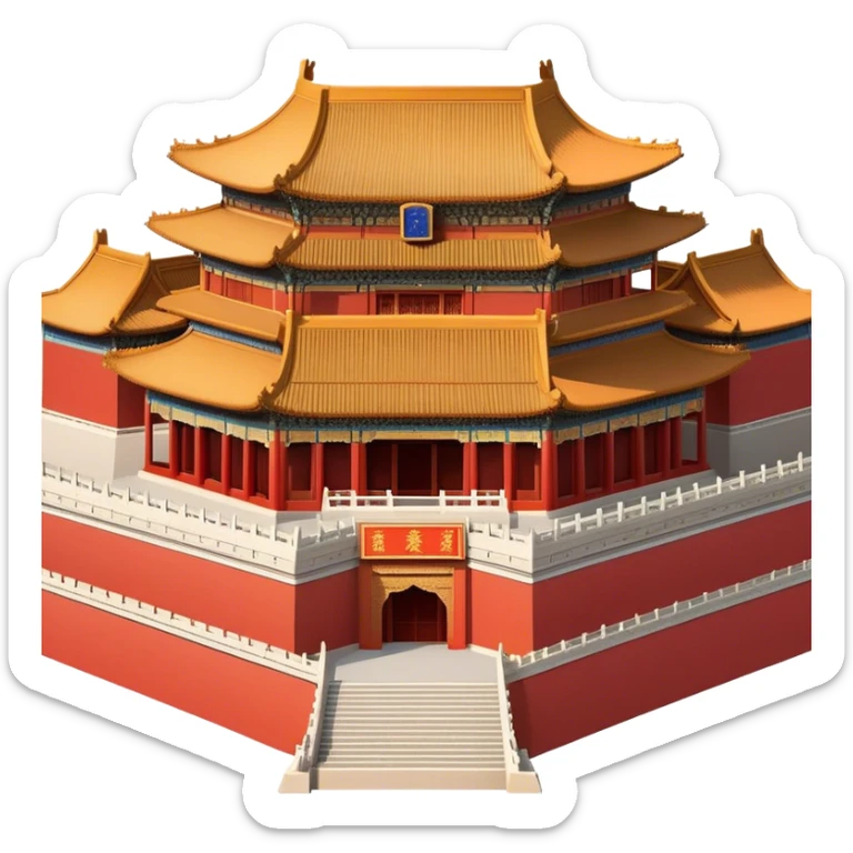 Cinematic Realistic Forbidden City Landmark Emoji, depicting grand imperial architecture with golden rooftops, vast courtyards, and intricate wooden carvings, all surrounded by towering red walls. sticker