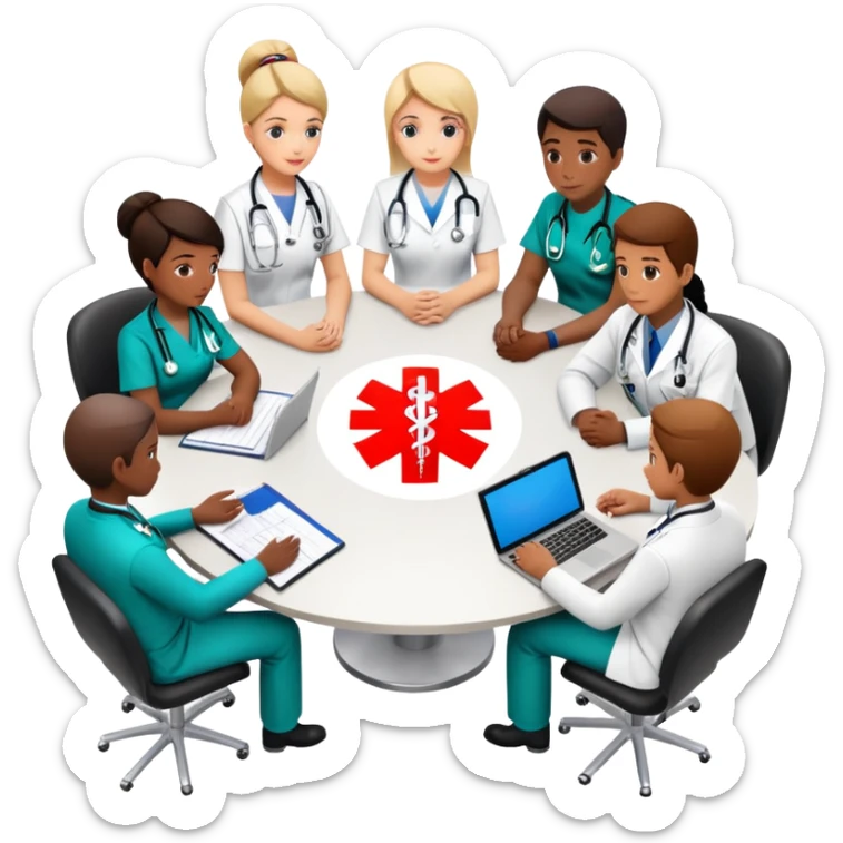 Group of medical professionals sitting around a table in a meeting, with emergency medical symbols sticker