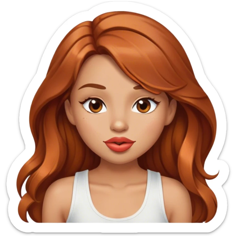 Girl with long brown copper hair, brow eyes, light tan skin, with a white fancy tank top-with pucker big lips, and winking sticker