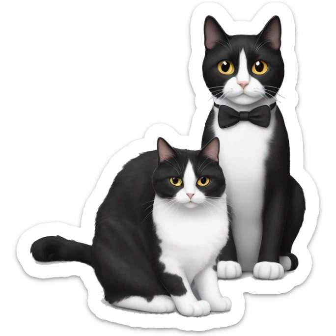 black fluffy tuxedo cat next to a gray skinny tuxedo cat sticker