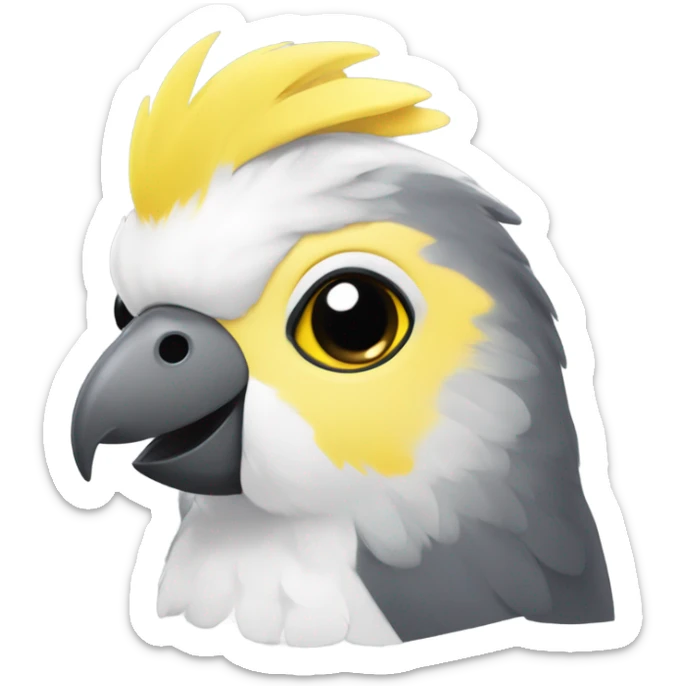 A cockatiel’s head with a yellow and gray , depicted as a girl in a cute, toy-like manner, smiling sweetly. sticker