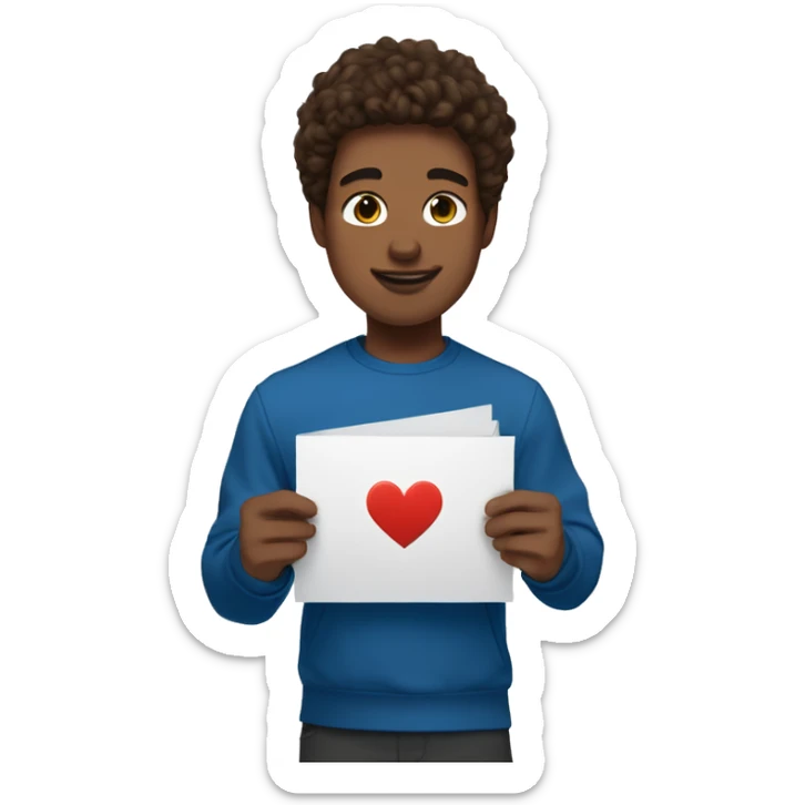 My boyfriend holding an I love you card, he's brunette with swooped hair and he's white and teenage with brown eyes and wearing a blue nike tech with medium doe eyes sticker