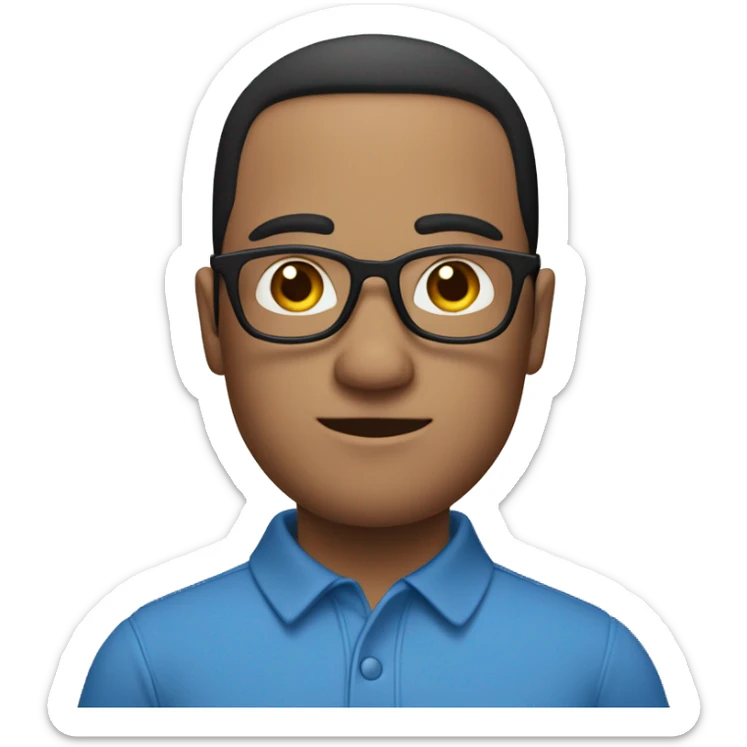 Emoji of a man with glasses, no beard, black hair, white skin and a thick build, wearing a blue polo shirt sticker