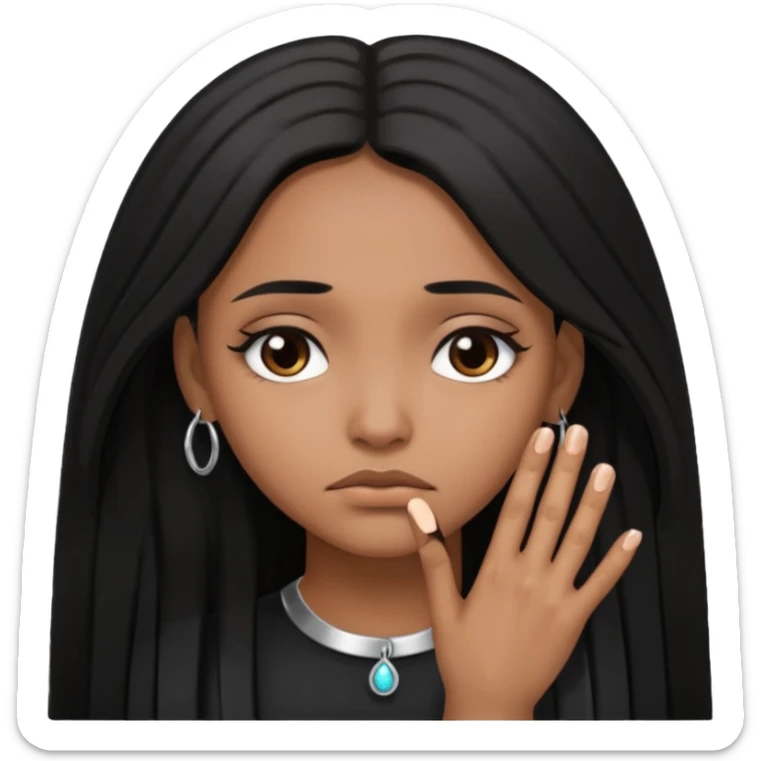 Brown girl long hair sad face and no jewelry just a ring on her hand  sticker