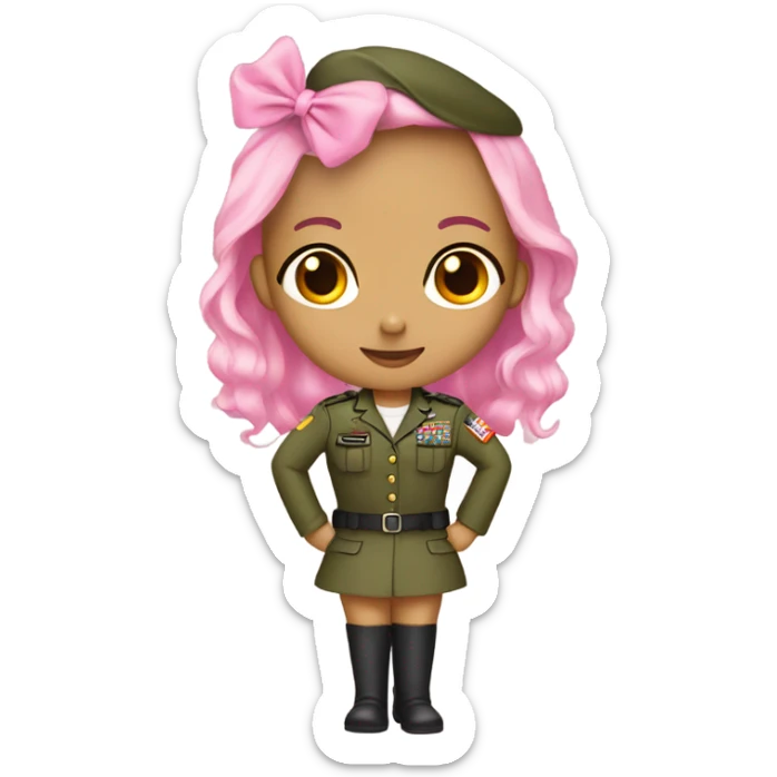 girl in army uniform with girly pink bow on head and heels on feet emoji sticker