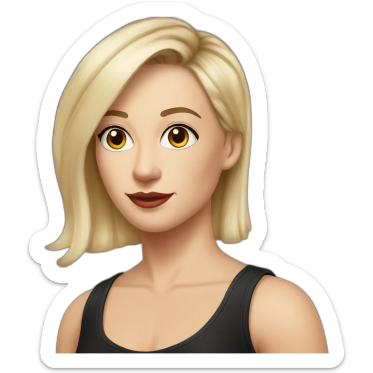 white woman in forties tattooed shaved brown hair left side very short blonde hair side eyes hazel nose trumpet in black tank top sticker